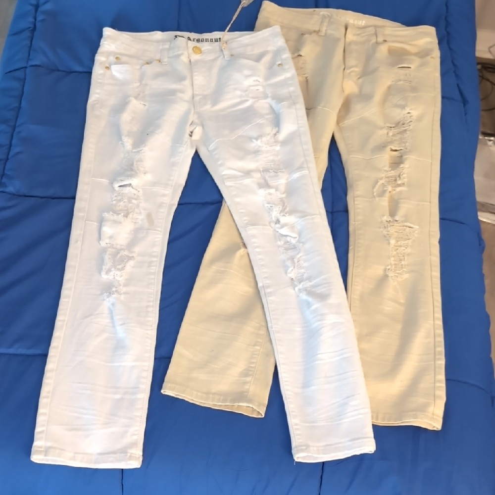Argonaut White and Cream Straight Leg Distressed Jeans